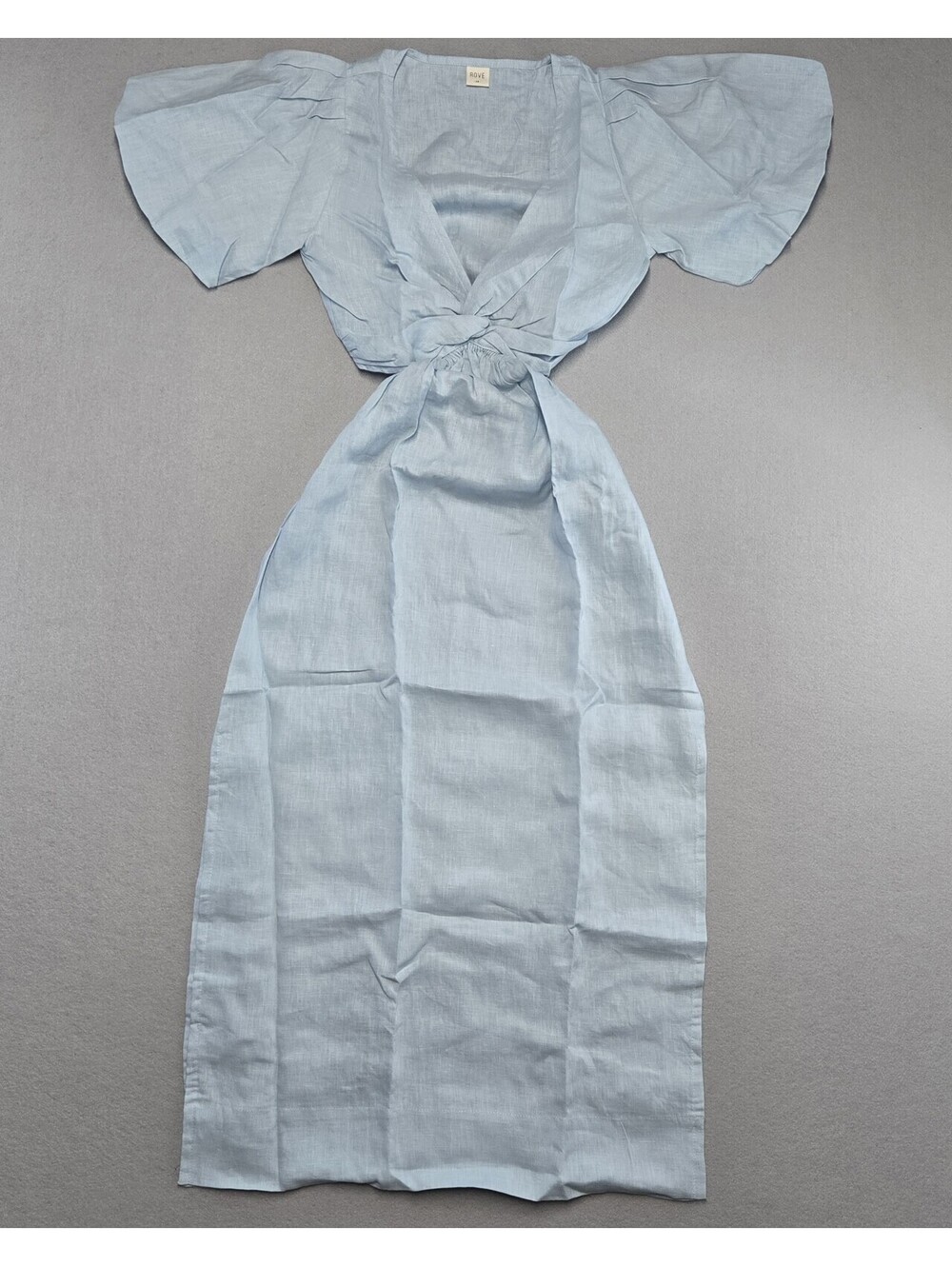 ROVE MERAKI Midi Dress Womens XS Sky Blue 100% Linen Woven Short Sleeve NWT